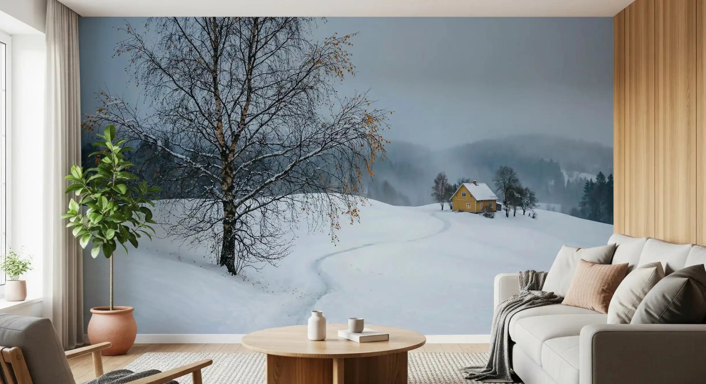 Living room space stretches outward through this snowy path birch tree wall mural.GD9529