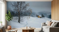 Living room space stretches outward through this snowy path birch tree wall mural.GD9529