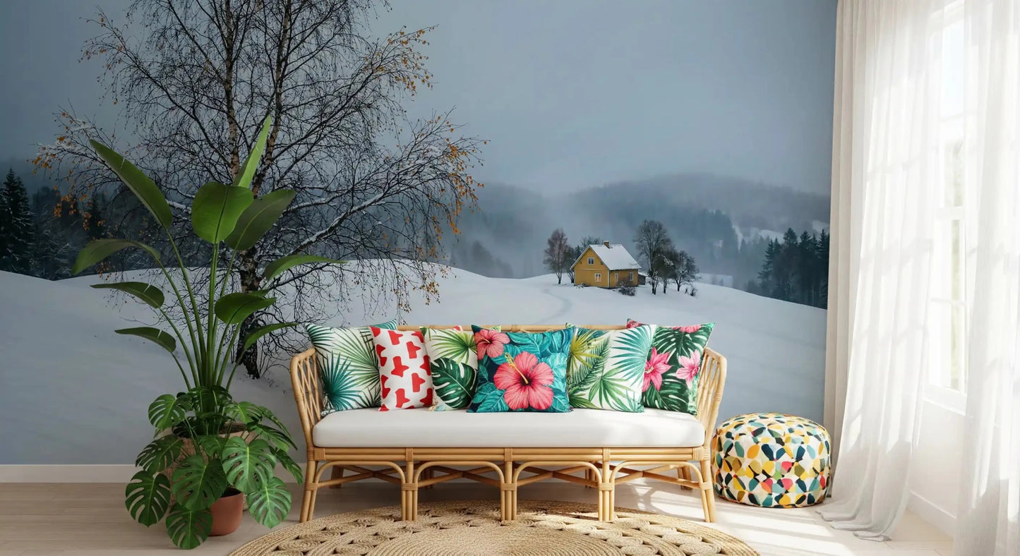 Soft fog layers settle behind the pine ridge in this snowy yellow house wall mural.GD9529