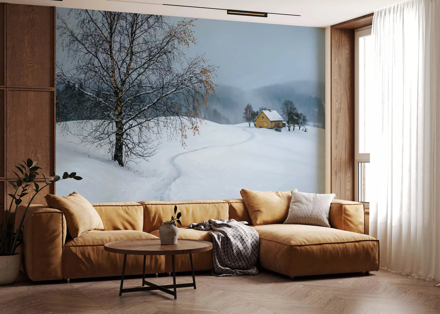 living room turn peaceful with this snowy yellow house wall mural in full view.GD9529