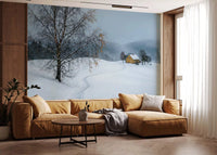 living room turn peaceful with this snowy yellow house wall mural in full view.GD9529
