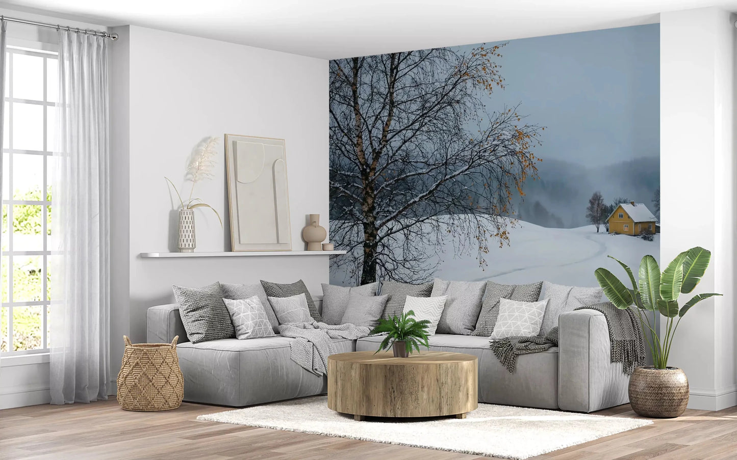 Living room corners read calmer through this snowy path wall mural backdrop.GD9529