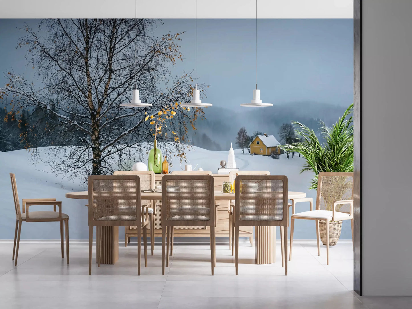 A small yellow cottage sits on a misty rise inside this snowy path wall mural.GD9529