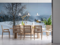 A small yellow cottage sits on a misty rise inside this snowy path wall mural.GD9529
