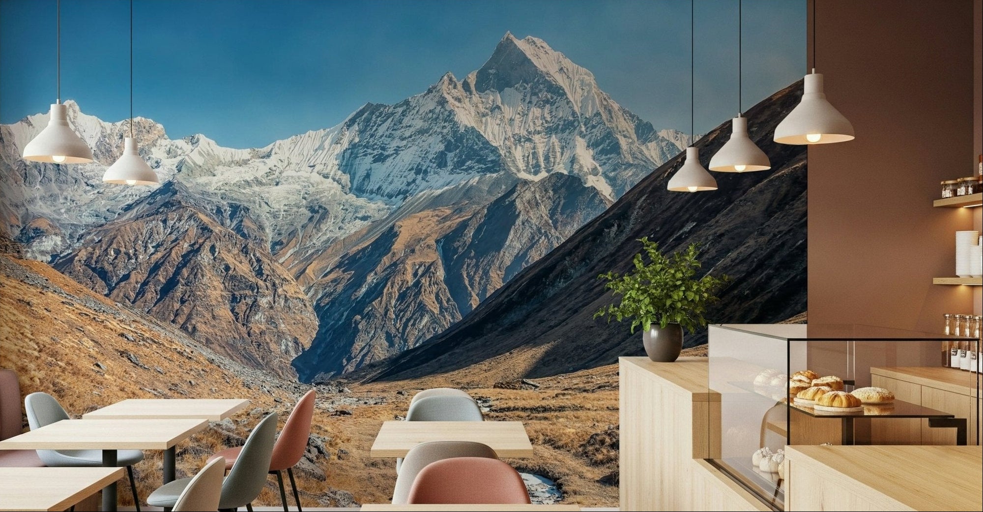 A café-style dining space brightened by Snowy Peaks Wall Mural and sweeping alpine ridges, GD7963
