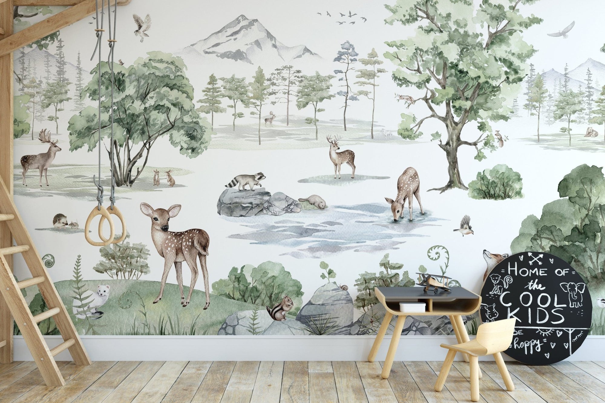 Watercolor deer wallpaper with winter forest animal design KB20