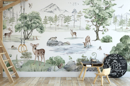 Watercolor deer wallpaper with winter forest animal design KB20