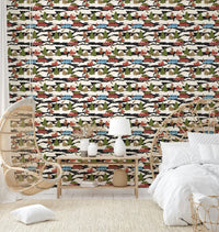A living room featuring the winter town wall mural., GD4672