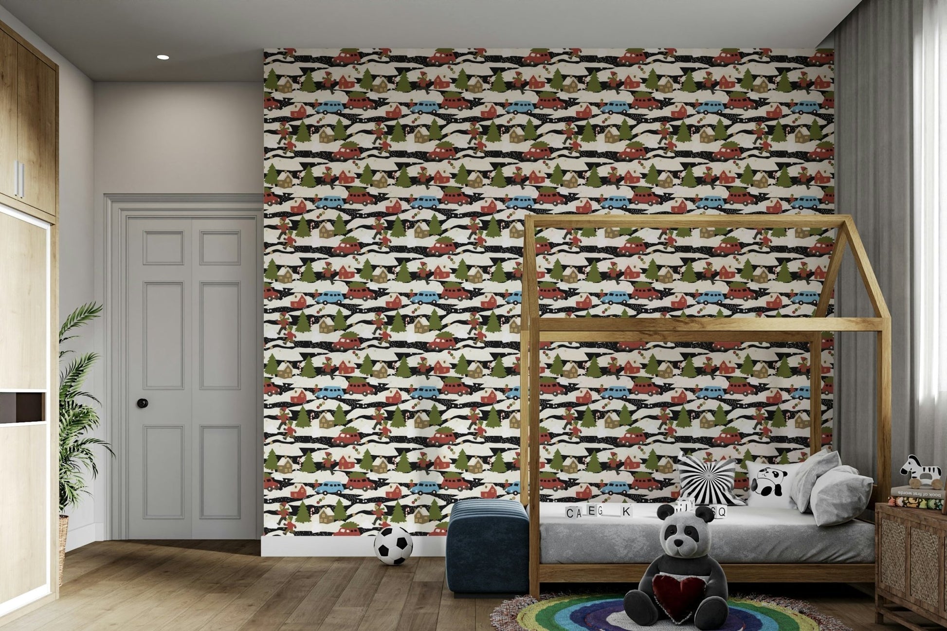 The wallpaper is used as a feature wall in a bedroom., GD4672