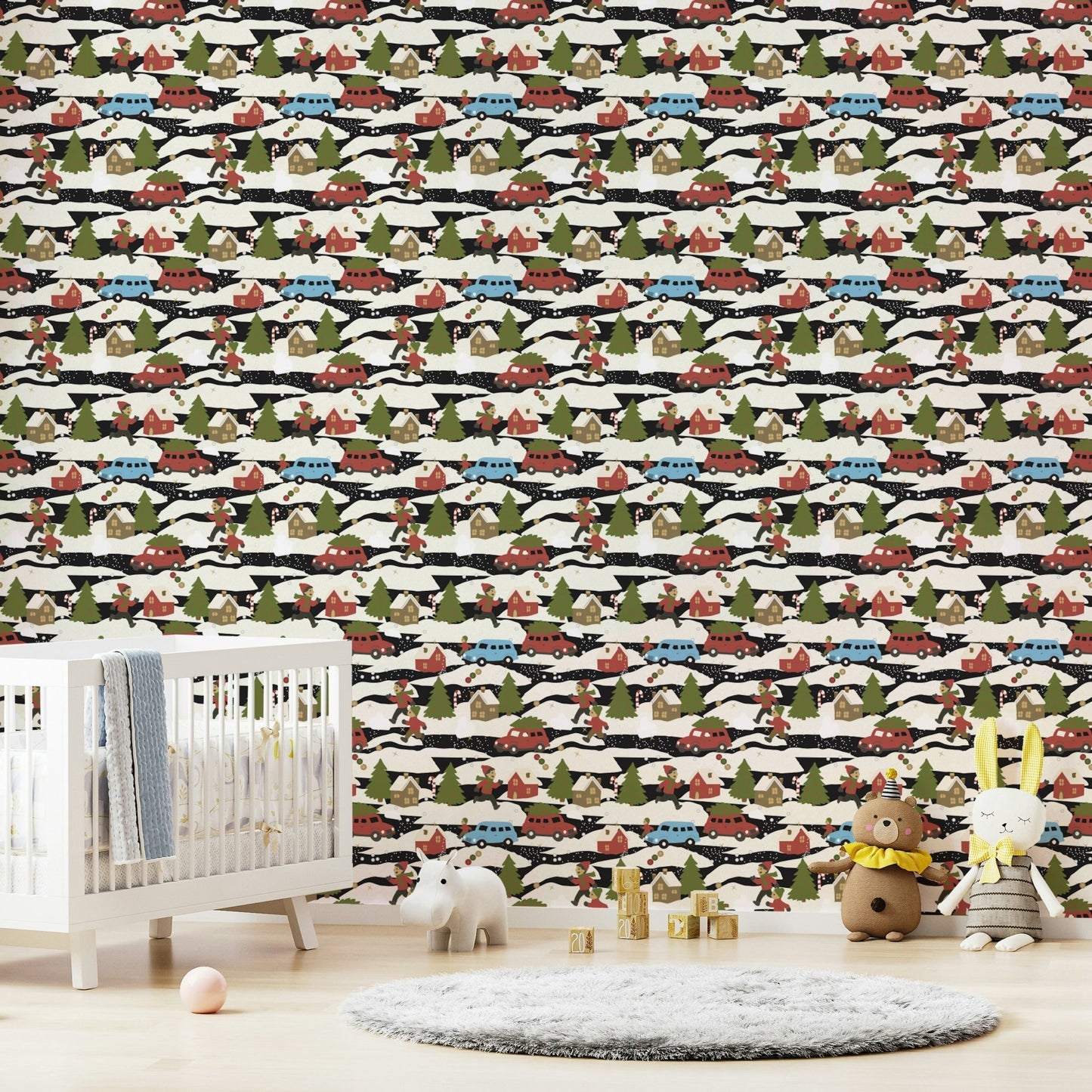 A minimalist interior with the snowy town wallpaper., GD4672