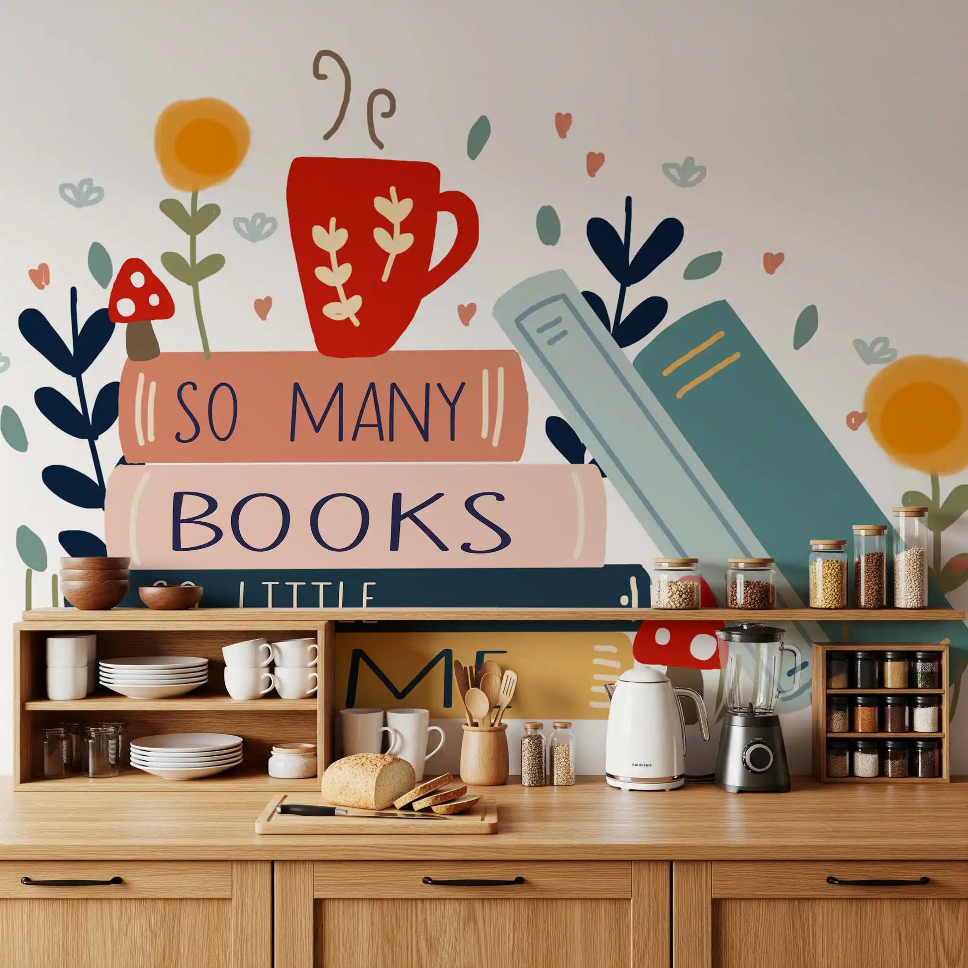 Playful So Many Books wall mural installed in a kitchen GD9445