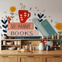 Playful So Many Books wall mural installed in a kitchen GD9445