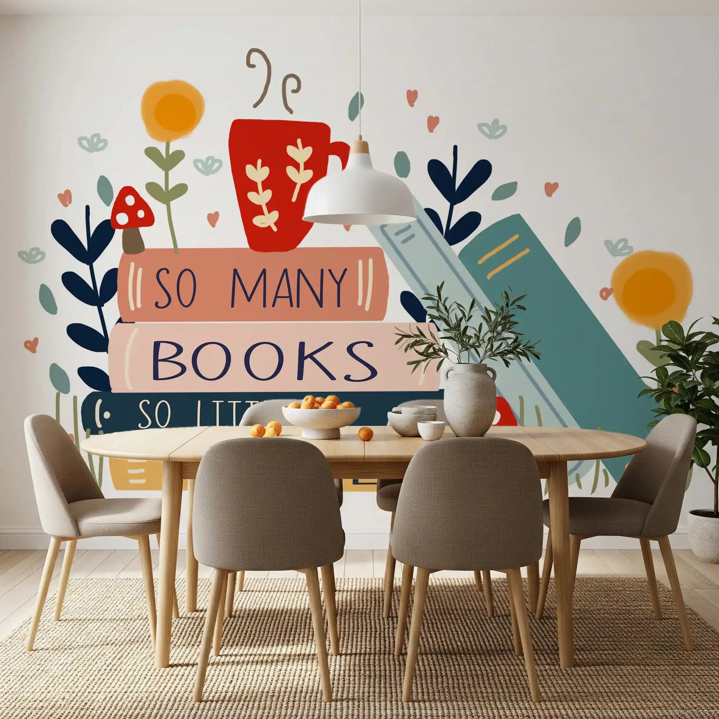 Whimsical floral and mushroom details on a reading wall mural GD9445
