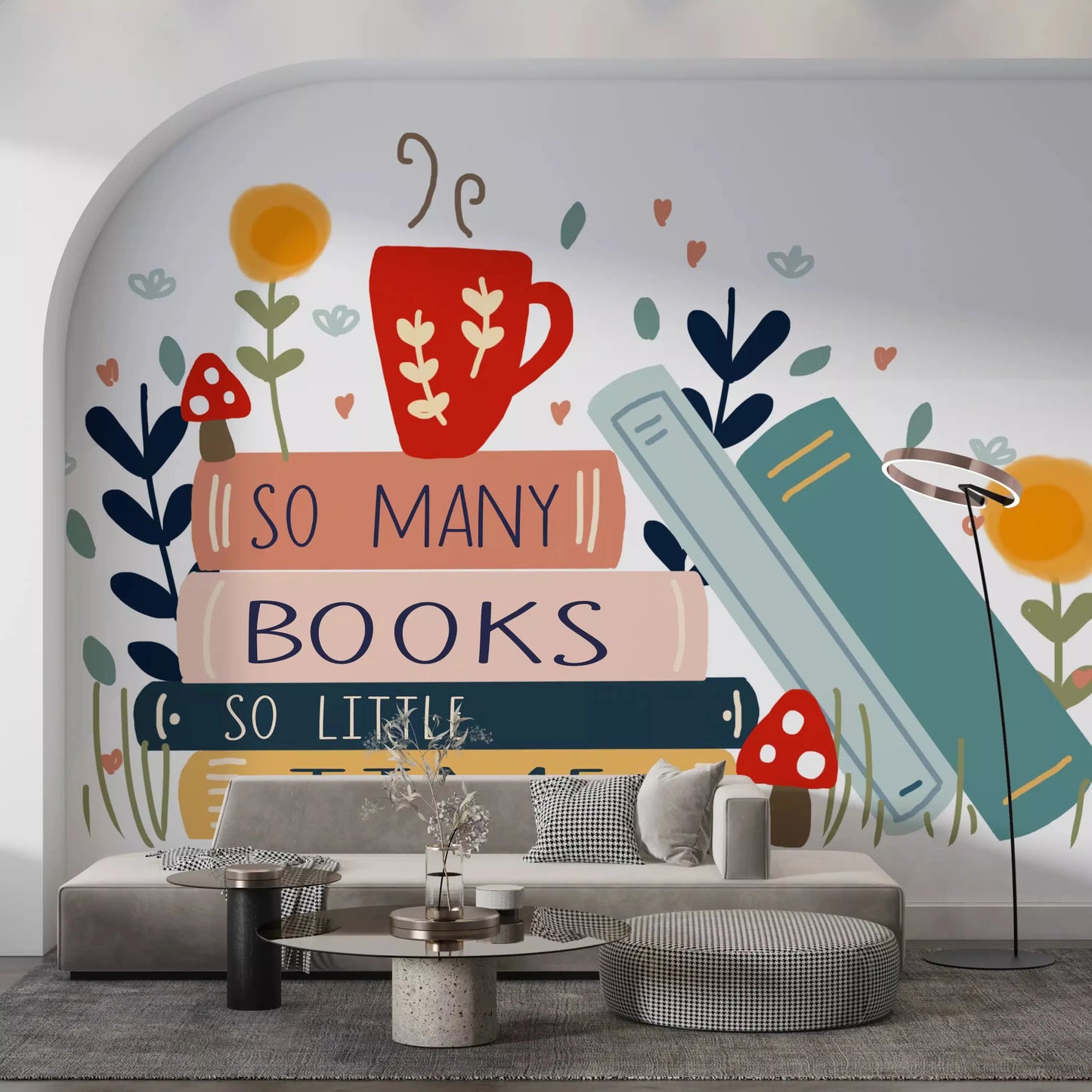 Charming So Many Books wall mural for a themed living room GD9445