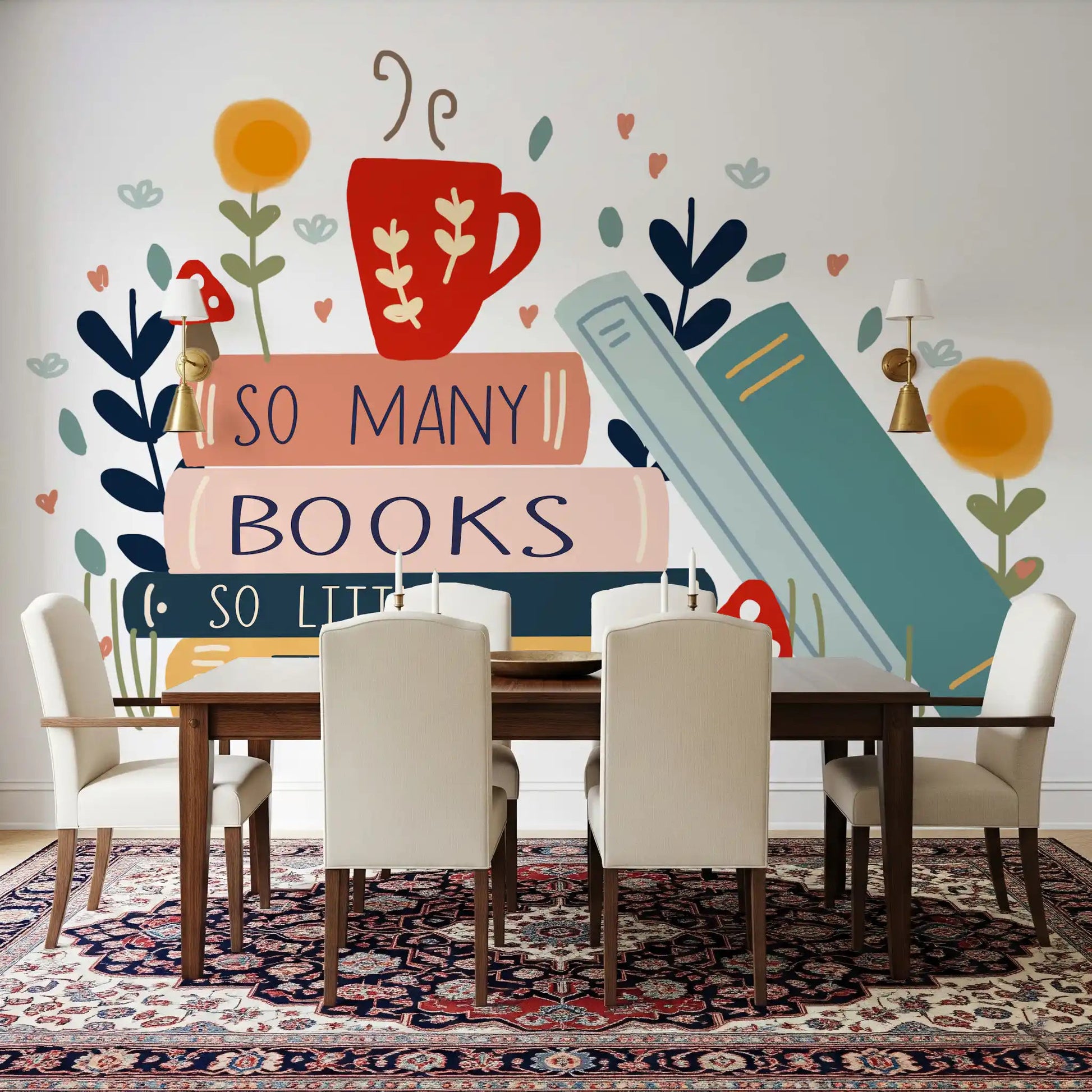 Whimsical So Many Books wall mural in a bright dining roomGD9445