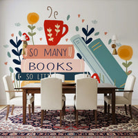 Whimsical So Many Books wall mural in a bright dining roomGD9445