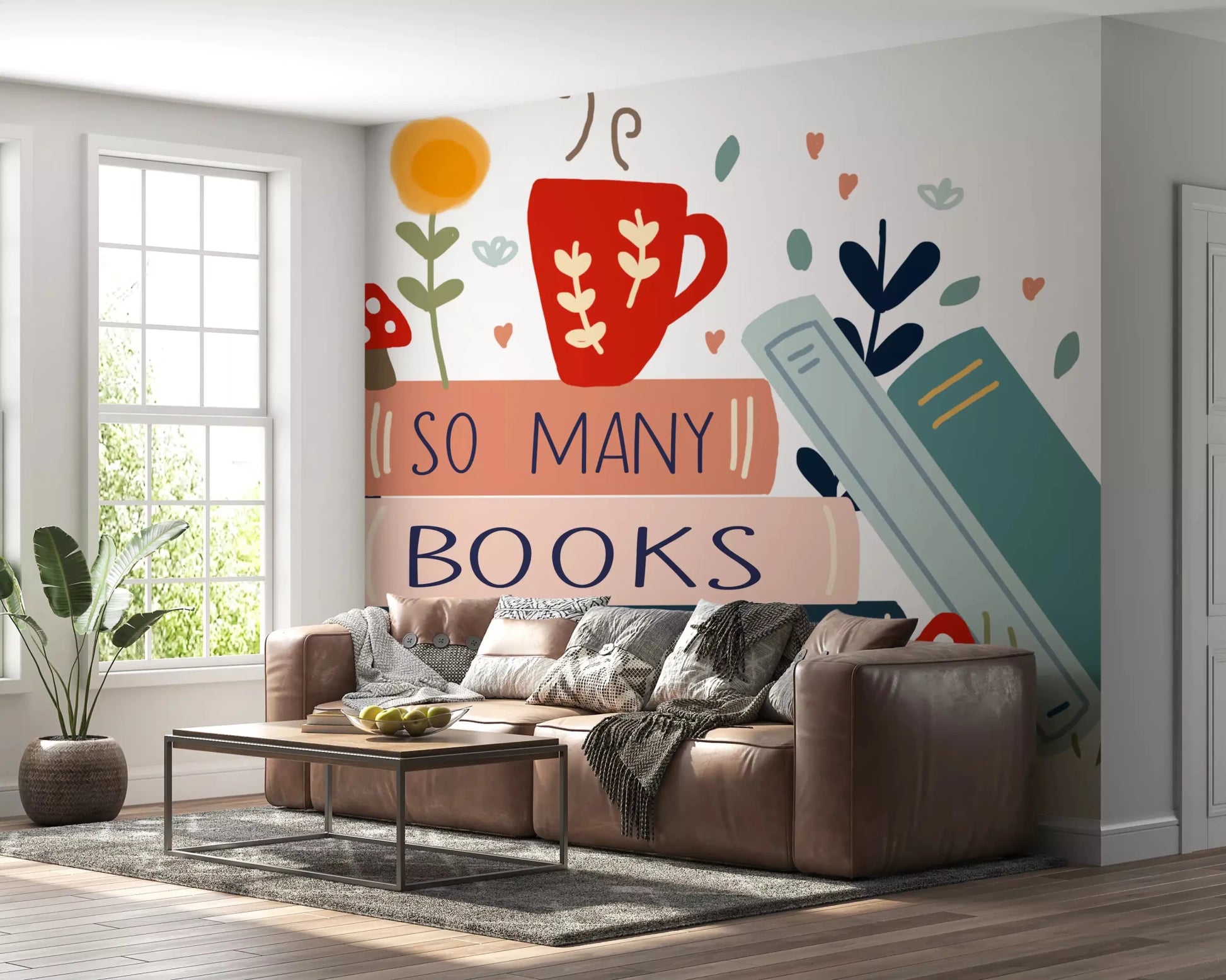 Hand-drawn book stack illustration on this wall mural GD9445