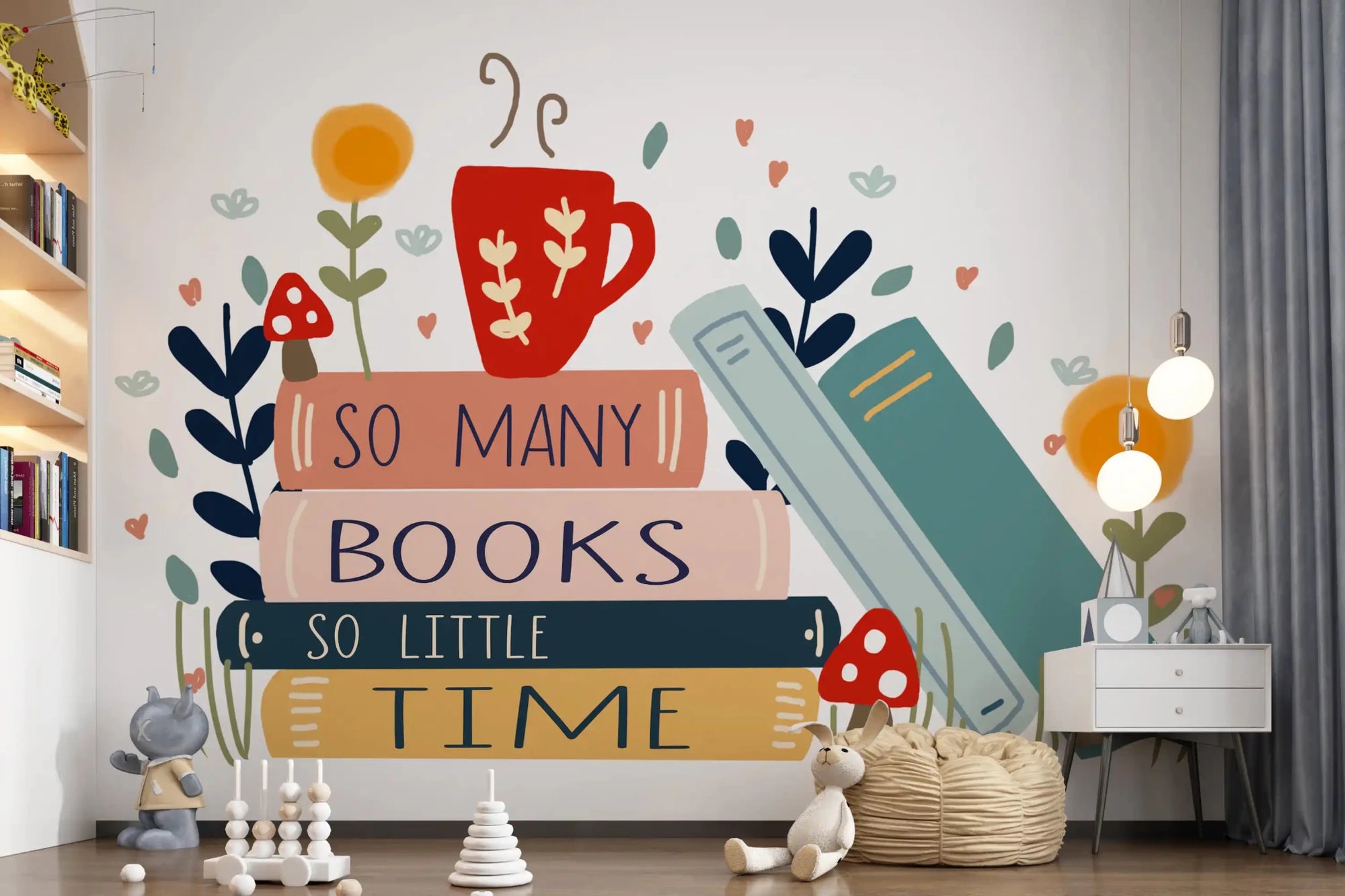 Steaming red mug atop a stack of books on this wall mural GD9445