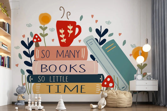 Steaming red mug atop a stack of books on this wall mural GD9445