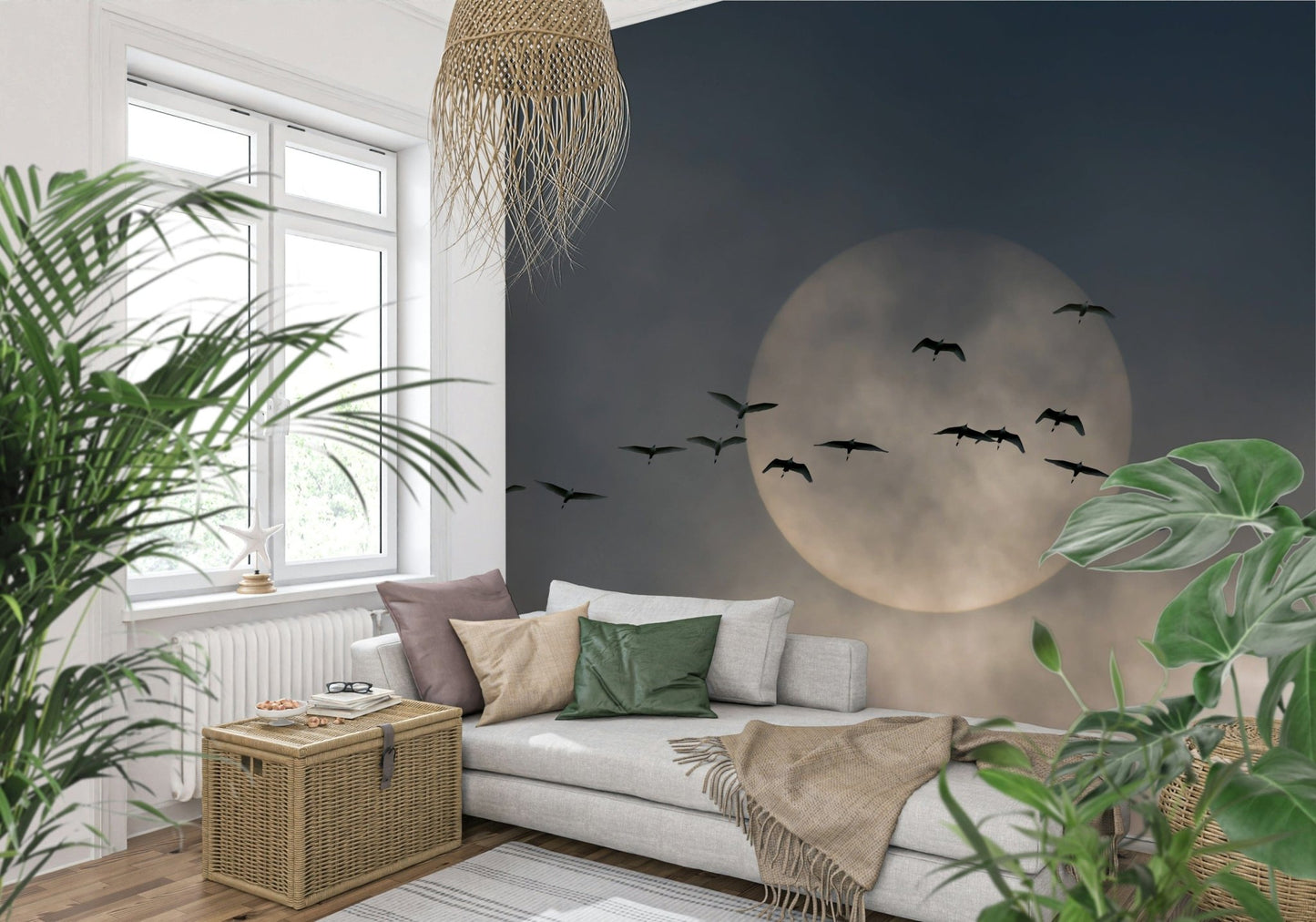 An artistic soft focus aviary mural on minimalist wallpaper.