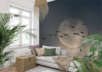 An artistic soft focus aviary mural on minimalist wallpaper.