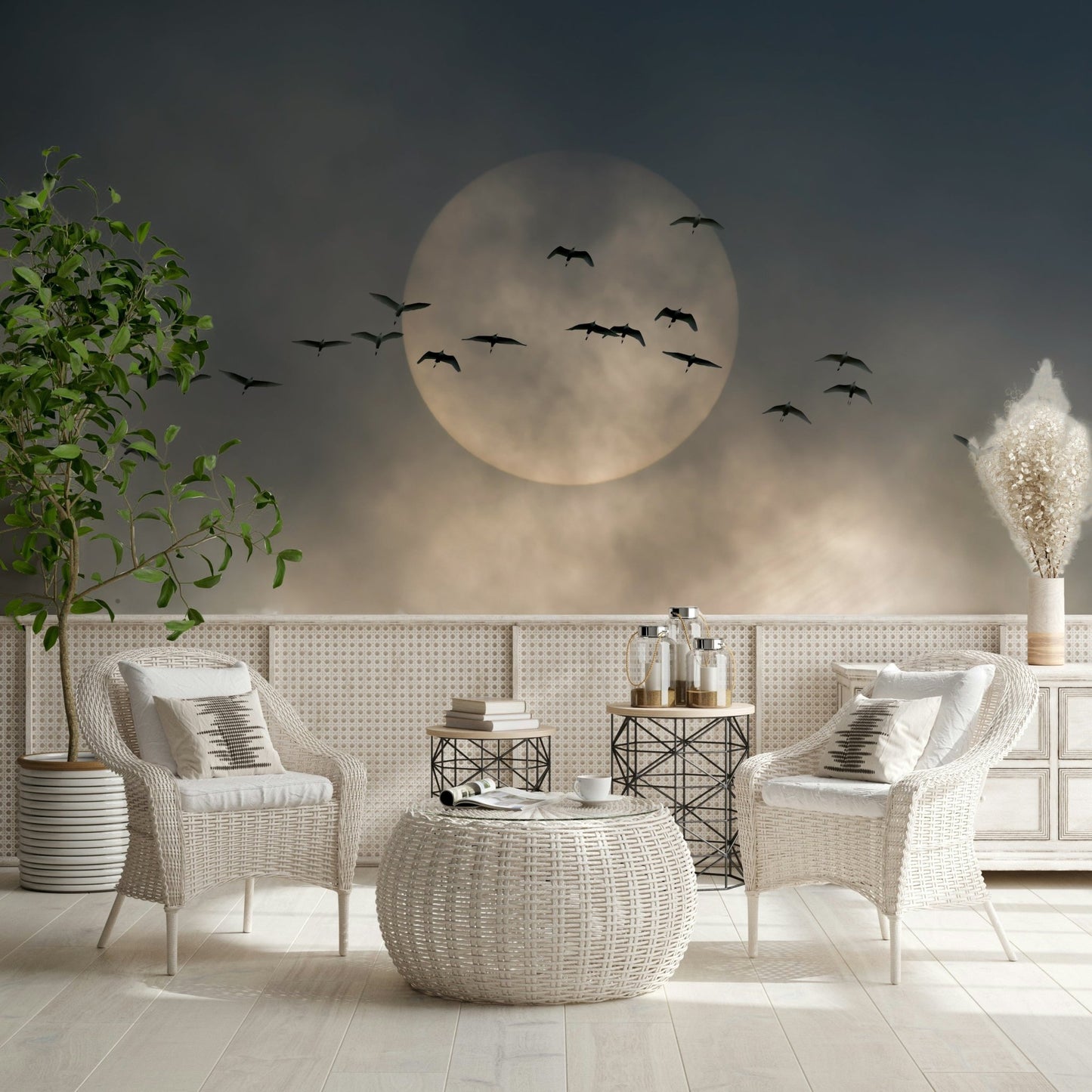 A peaceful modern abstract mural on decorative wallpaper.