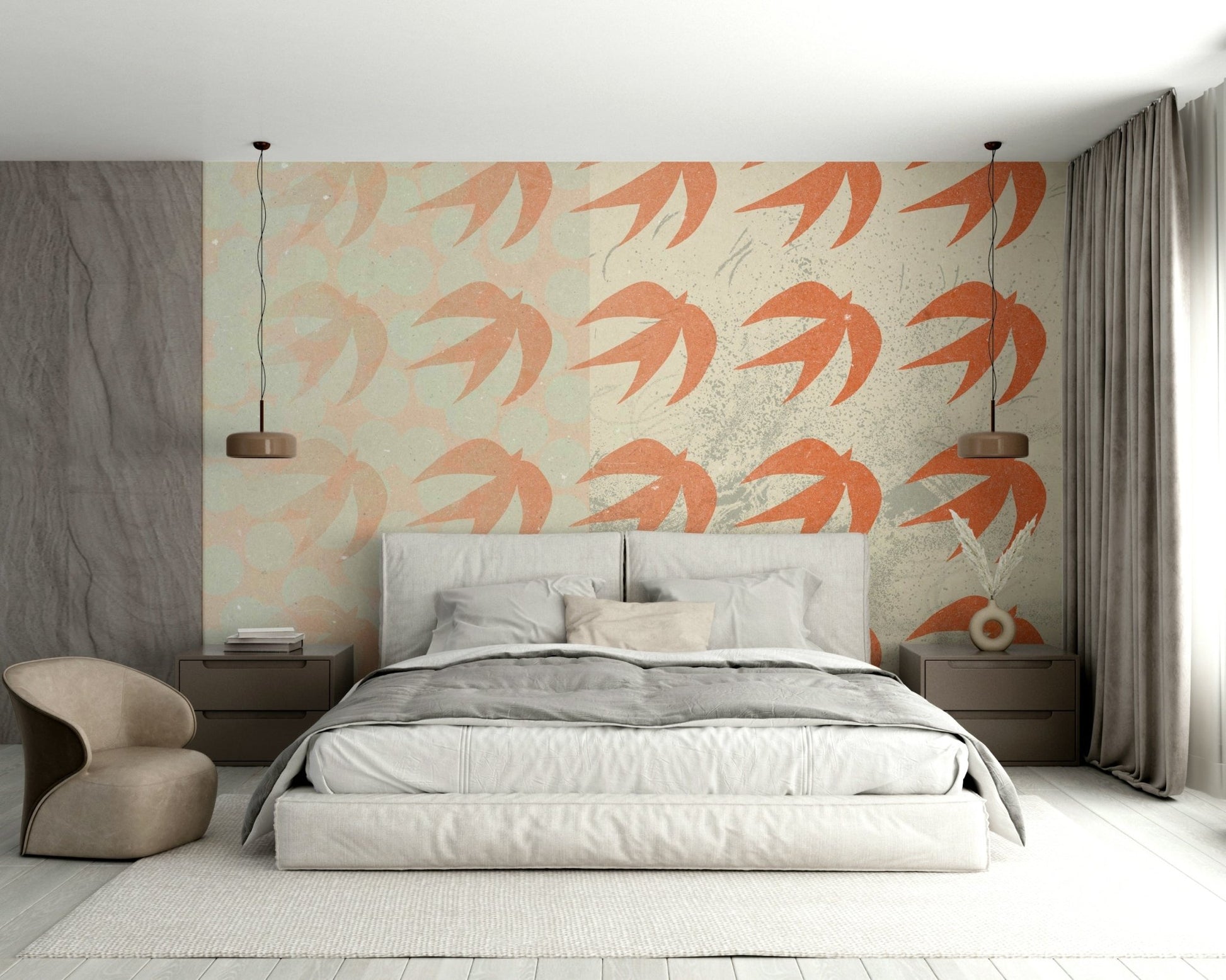 An artistic swallow bird mural on minimalist wallpaper.

