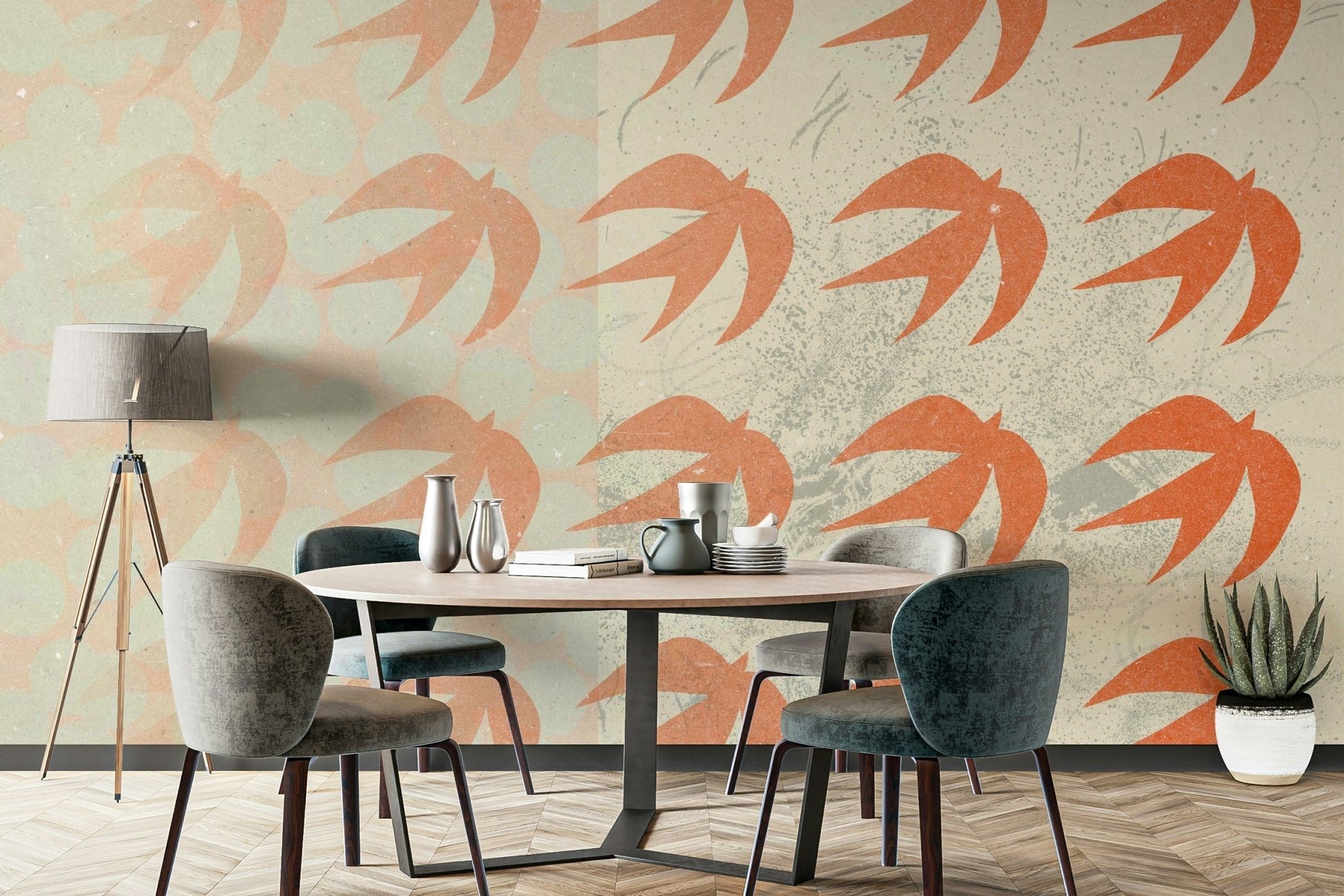 A peaceful open sky mural on decorative wallpaper.

