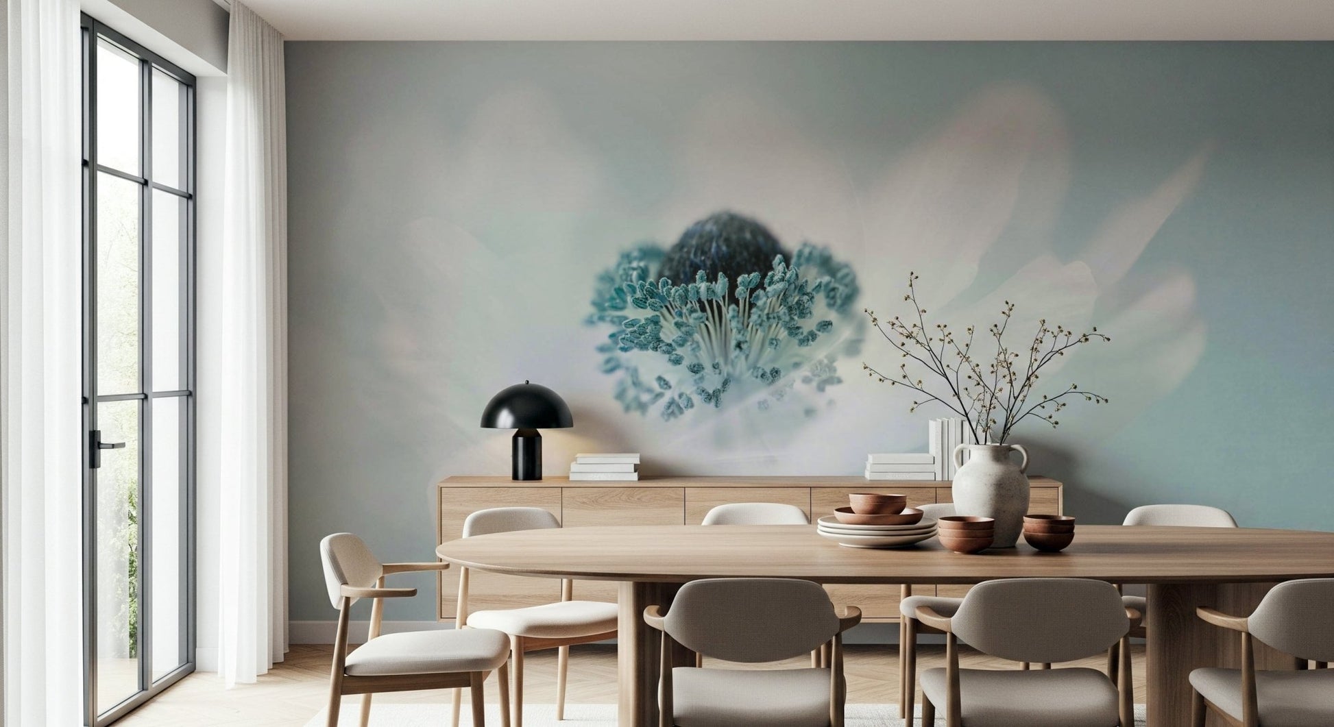A peaceful flower design mural on decorative wallpaper.


