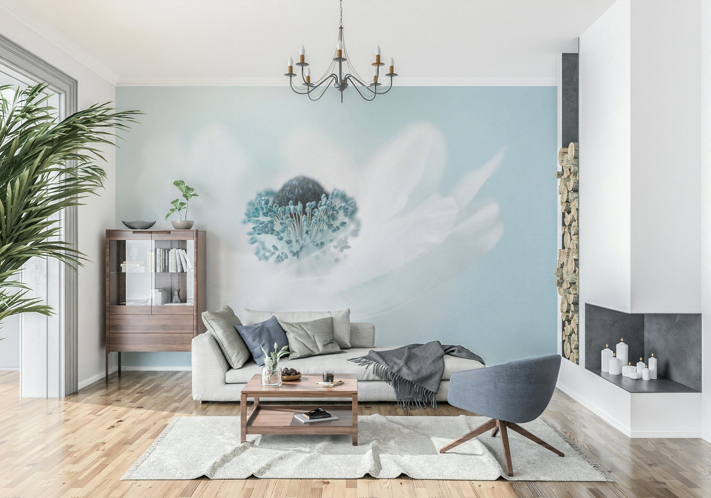 An artistic gentle anemone mural on minimalist wallpaper.

