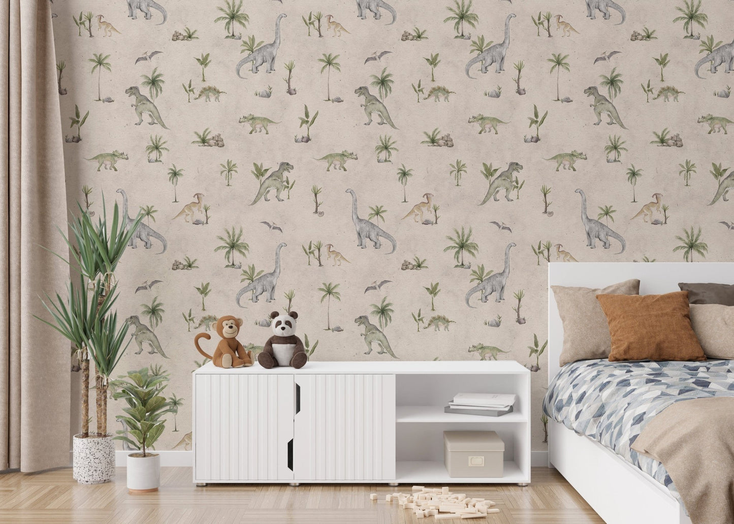 Dinosaur and palm tree wallpaper print
