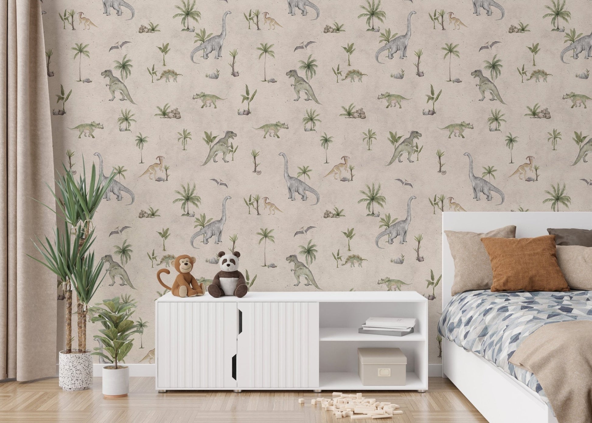 Dinosaur and palm tree wallpaper print
