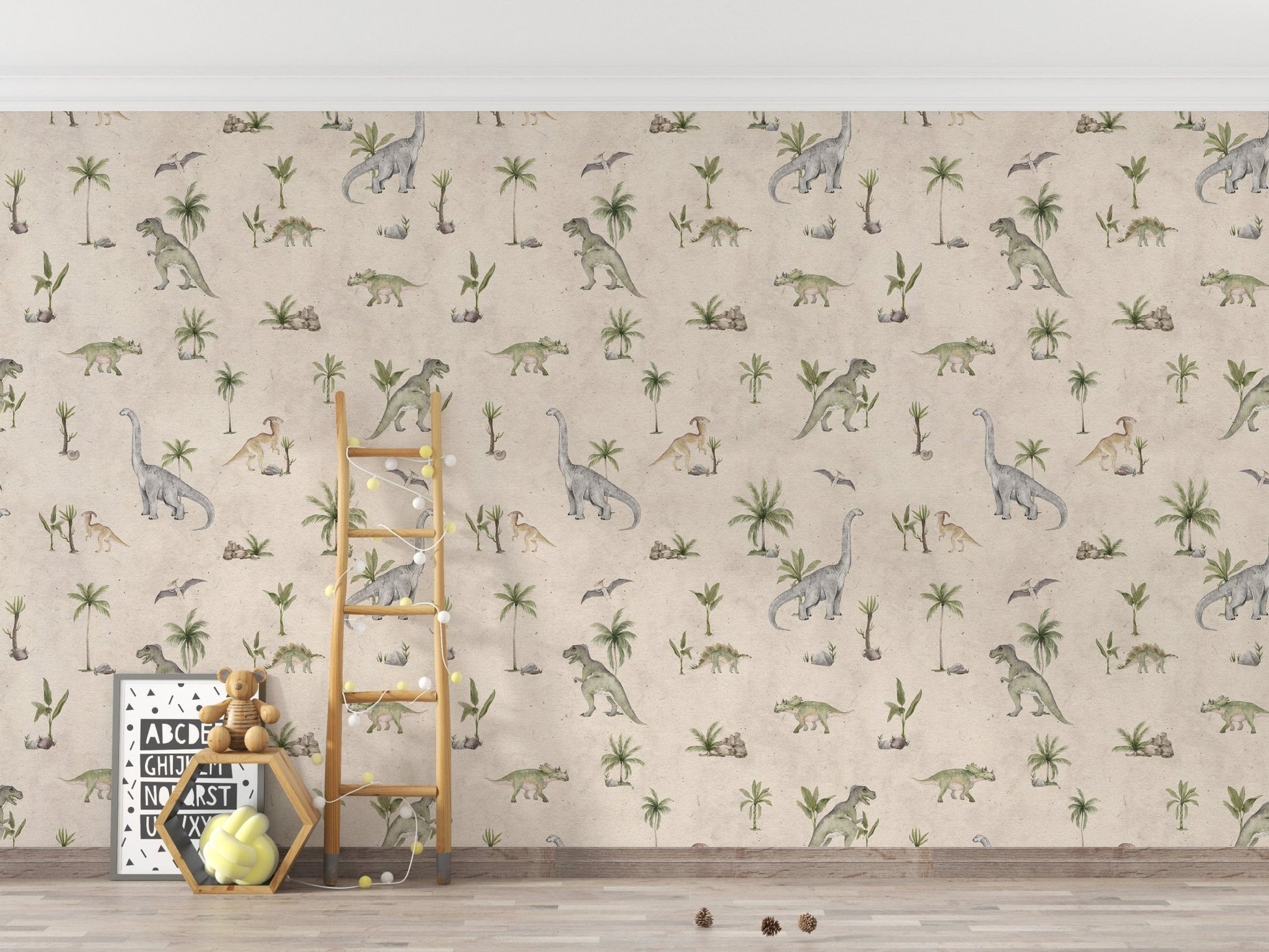 Beige dinosaur nursery wallpaper mural
