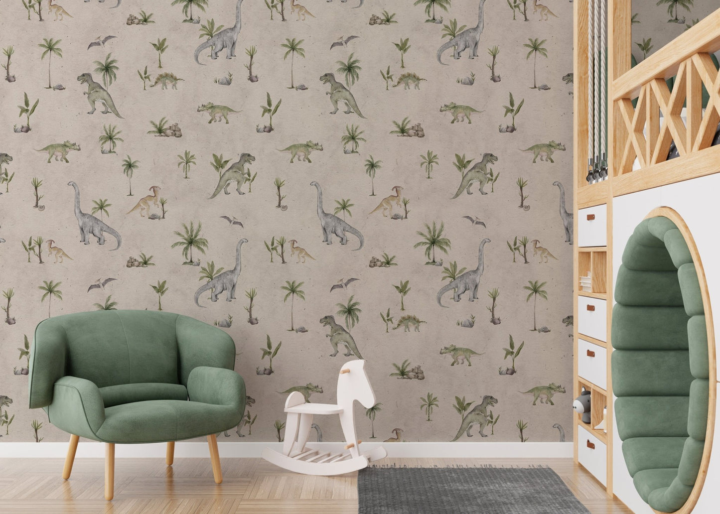 Playful dinosaur wall mural in beige
