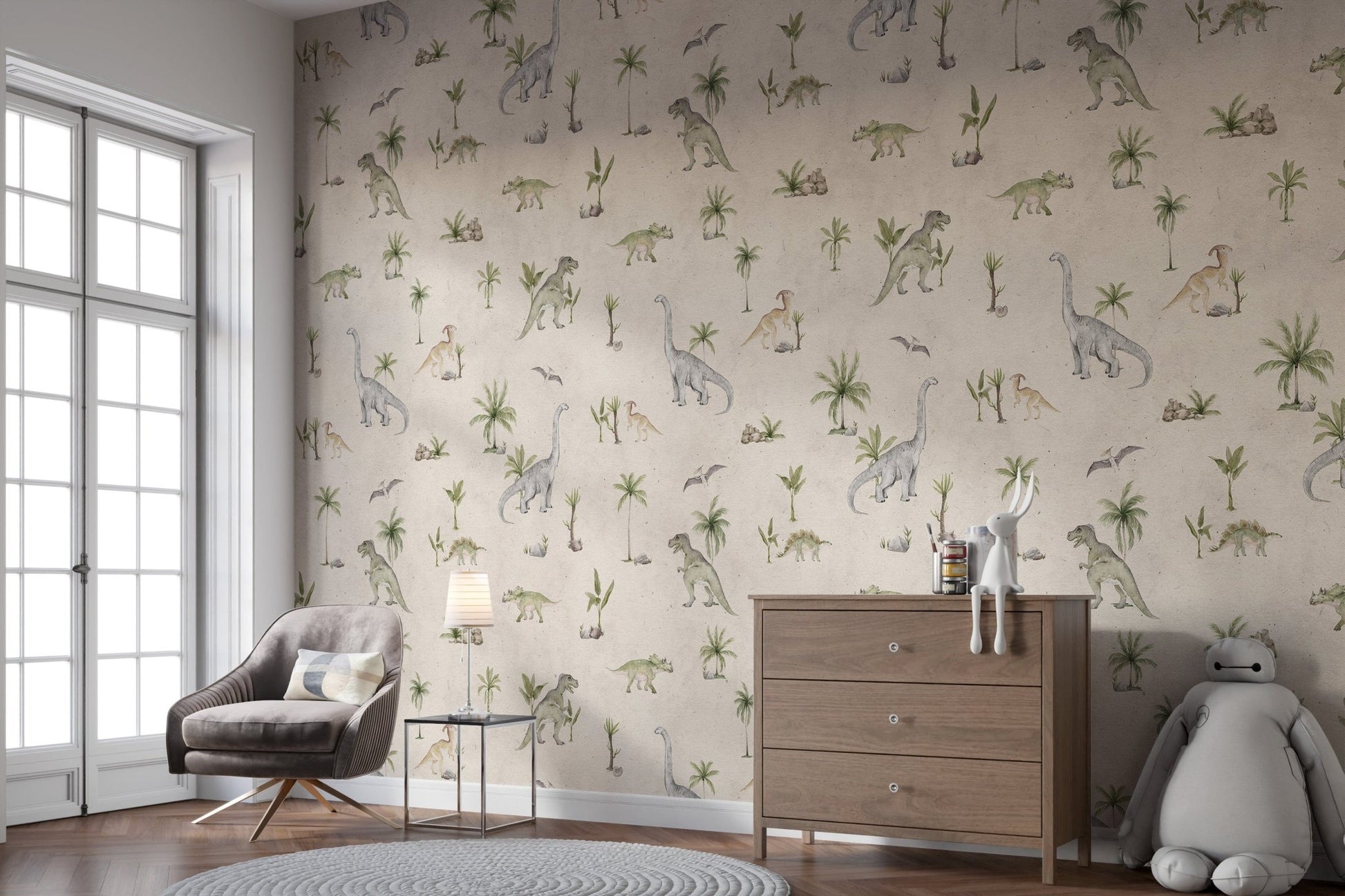 Beige dinosaur wallpaper for playroom
