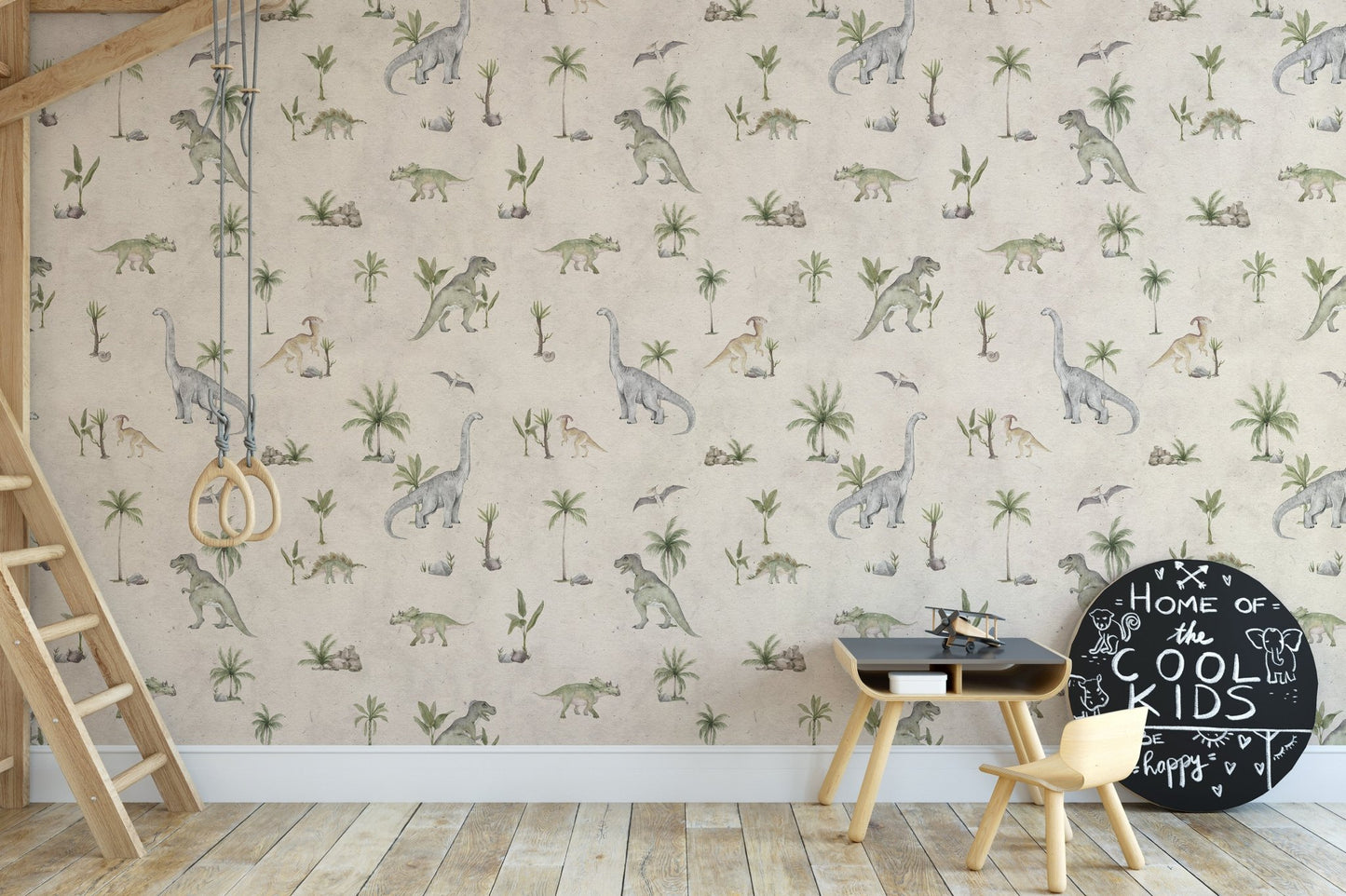 Neutral dinosaur wallpaper with trees
