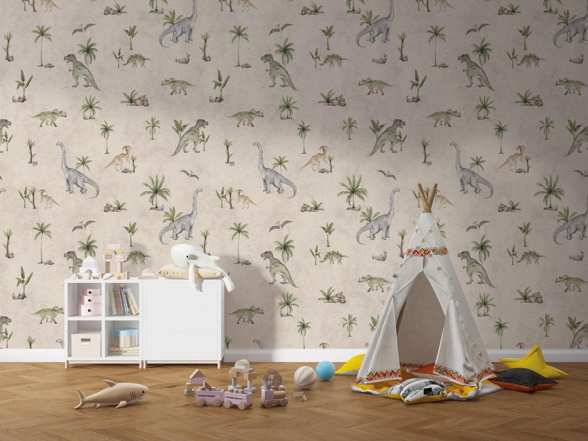 Prehistoric dinosaur wallpaper in beige
