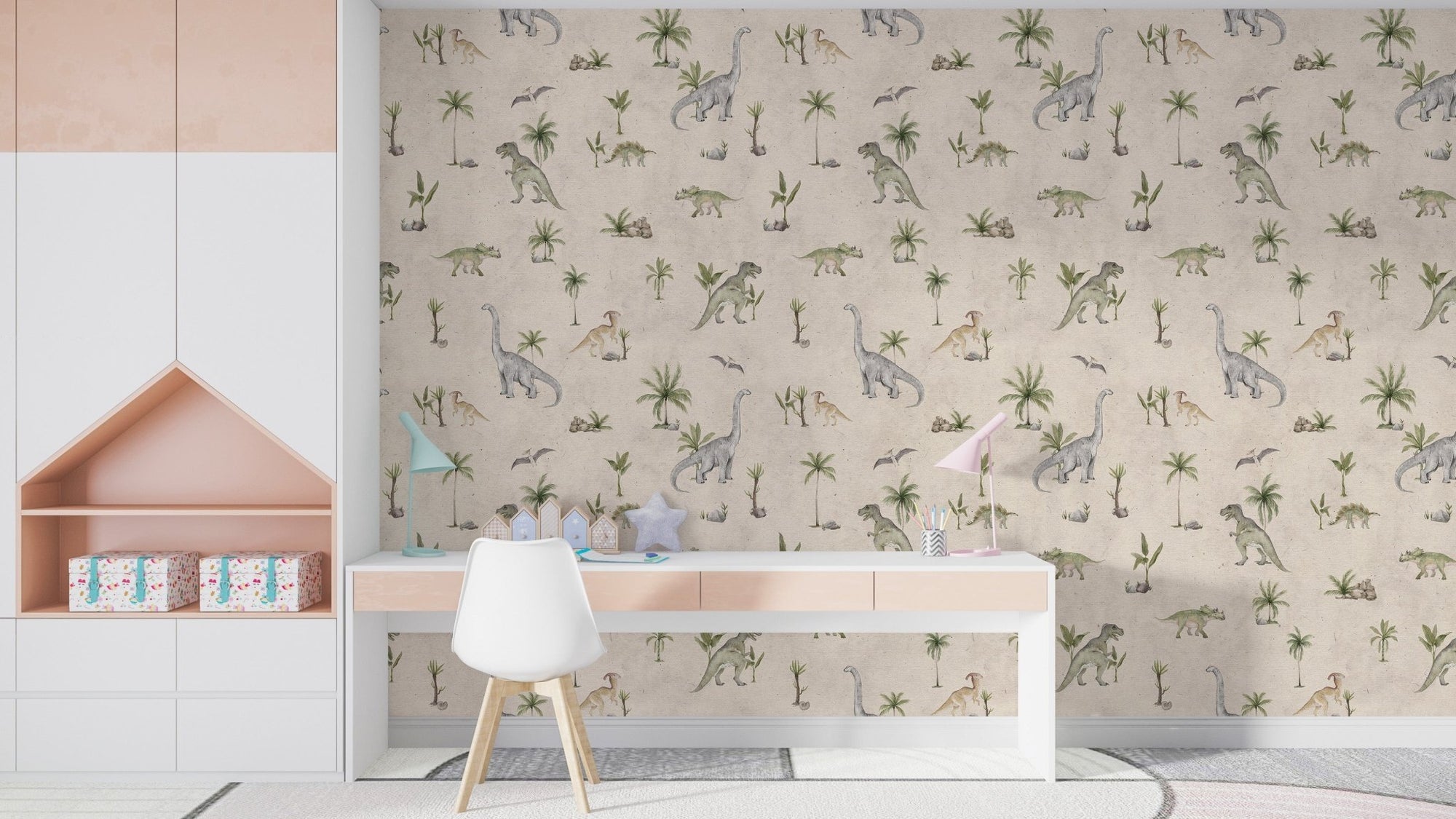Soft beige dinosaur wallpaper for kids KB83
