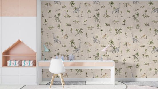 Soft beige dinosaur wallpaper for kids KB83
