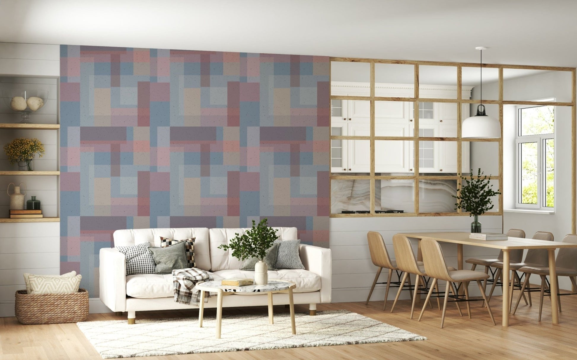 Ephemeral cubist jigsaw wall mural, Soft Block Geometry.