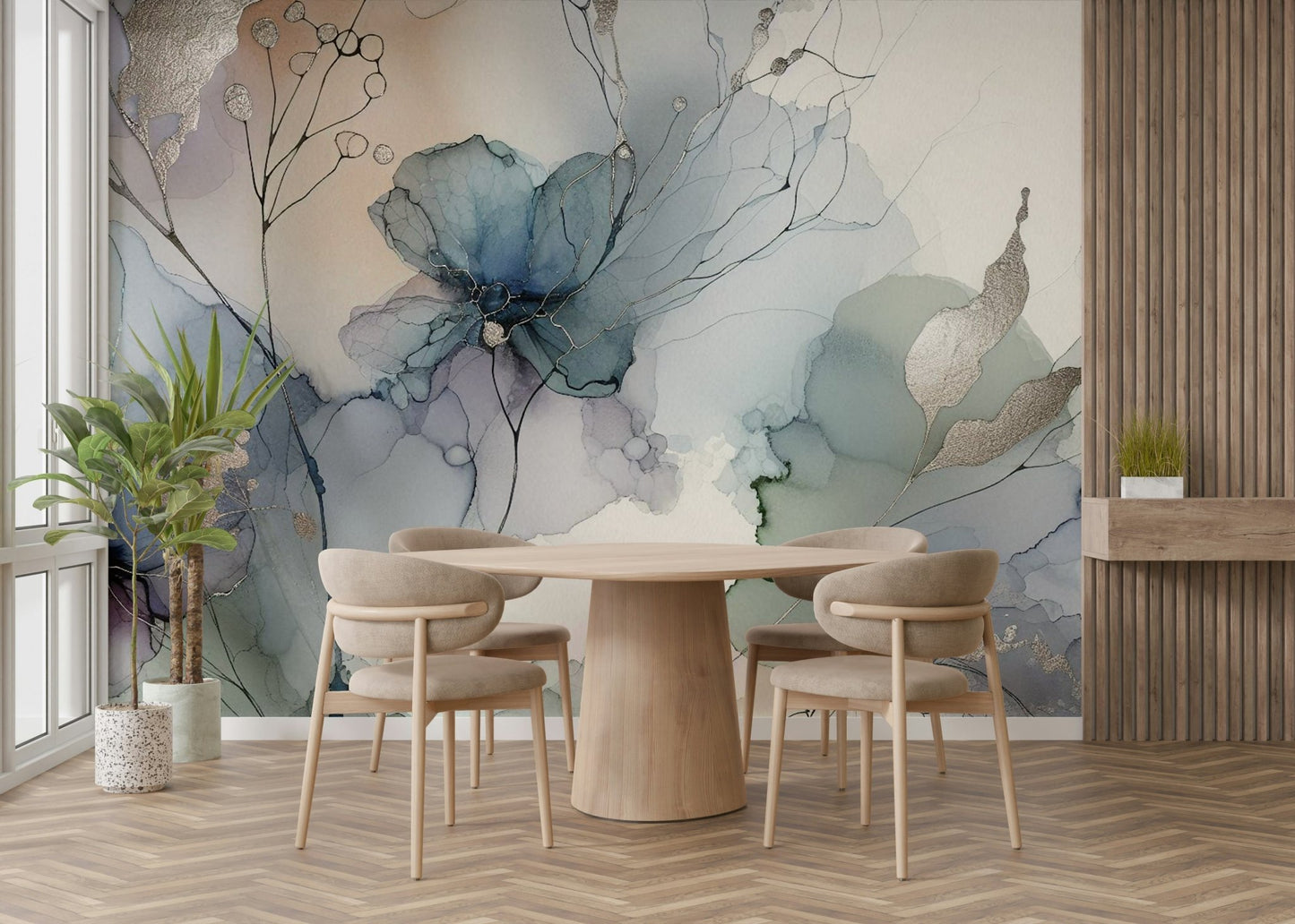 Soft pink and cream mural featuring blooming flowers.

