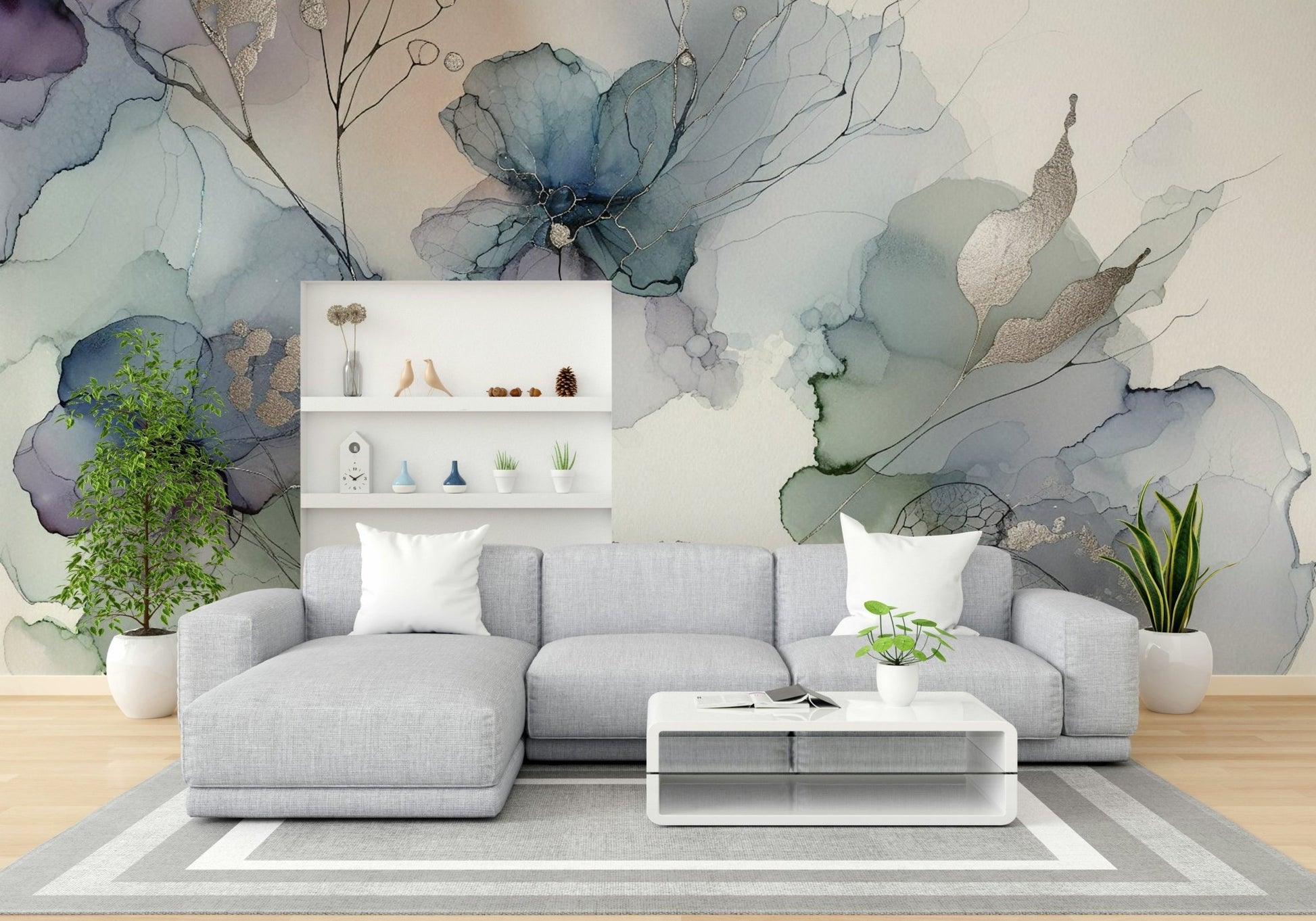 Blooming flower mural with soft watercolor strokes.

