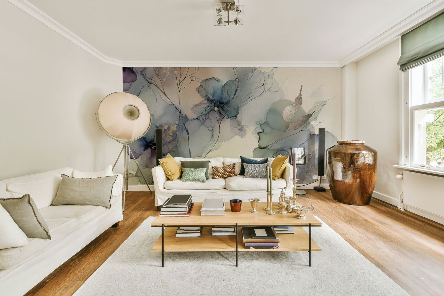 Light floral design mural for tranquil interiors.

