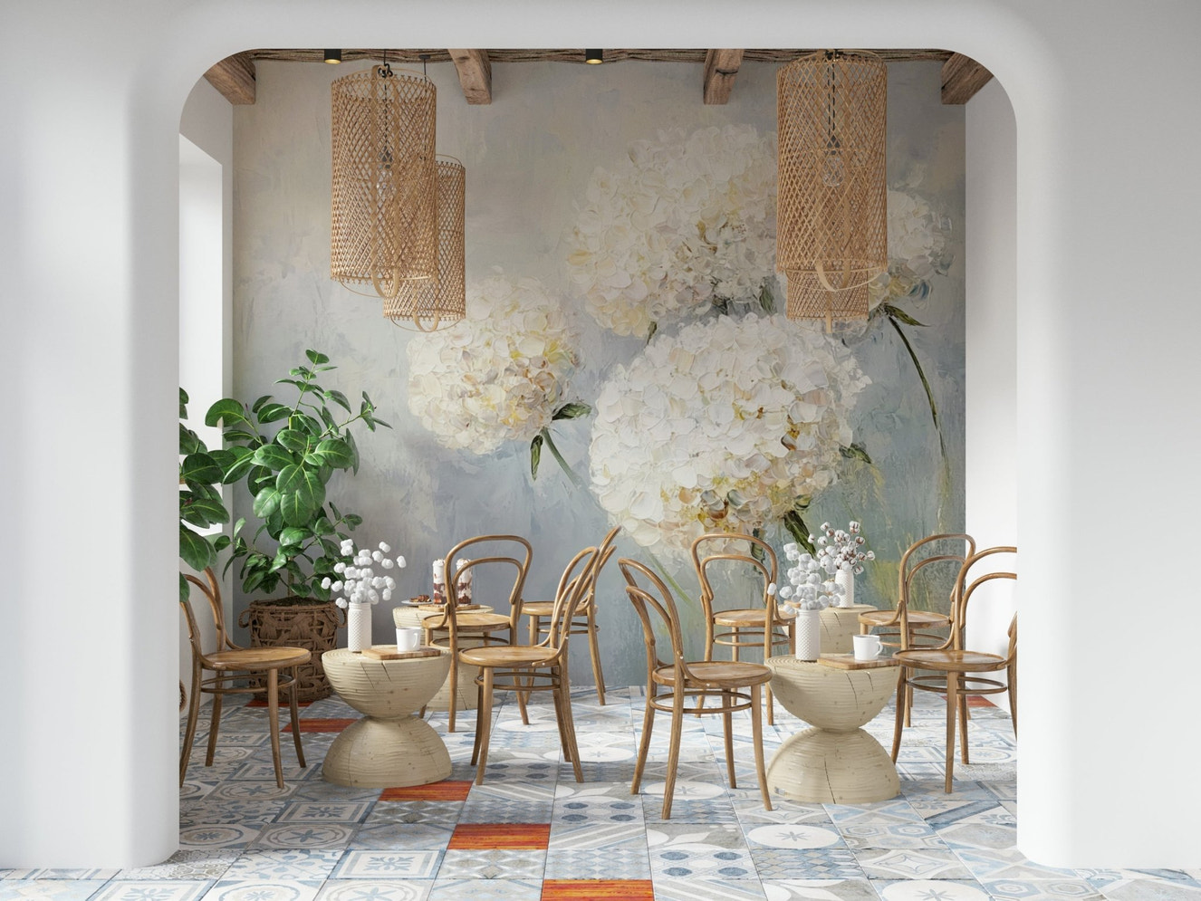Soft Bloom: Floral Impression Wall Mural in a bright living room.
