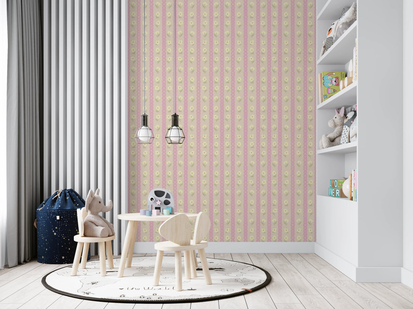 Soft Bloom Stripes Wallpaper creates a playful backdrop in a pastel study corner, GD8116
