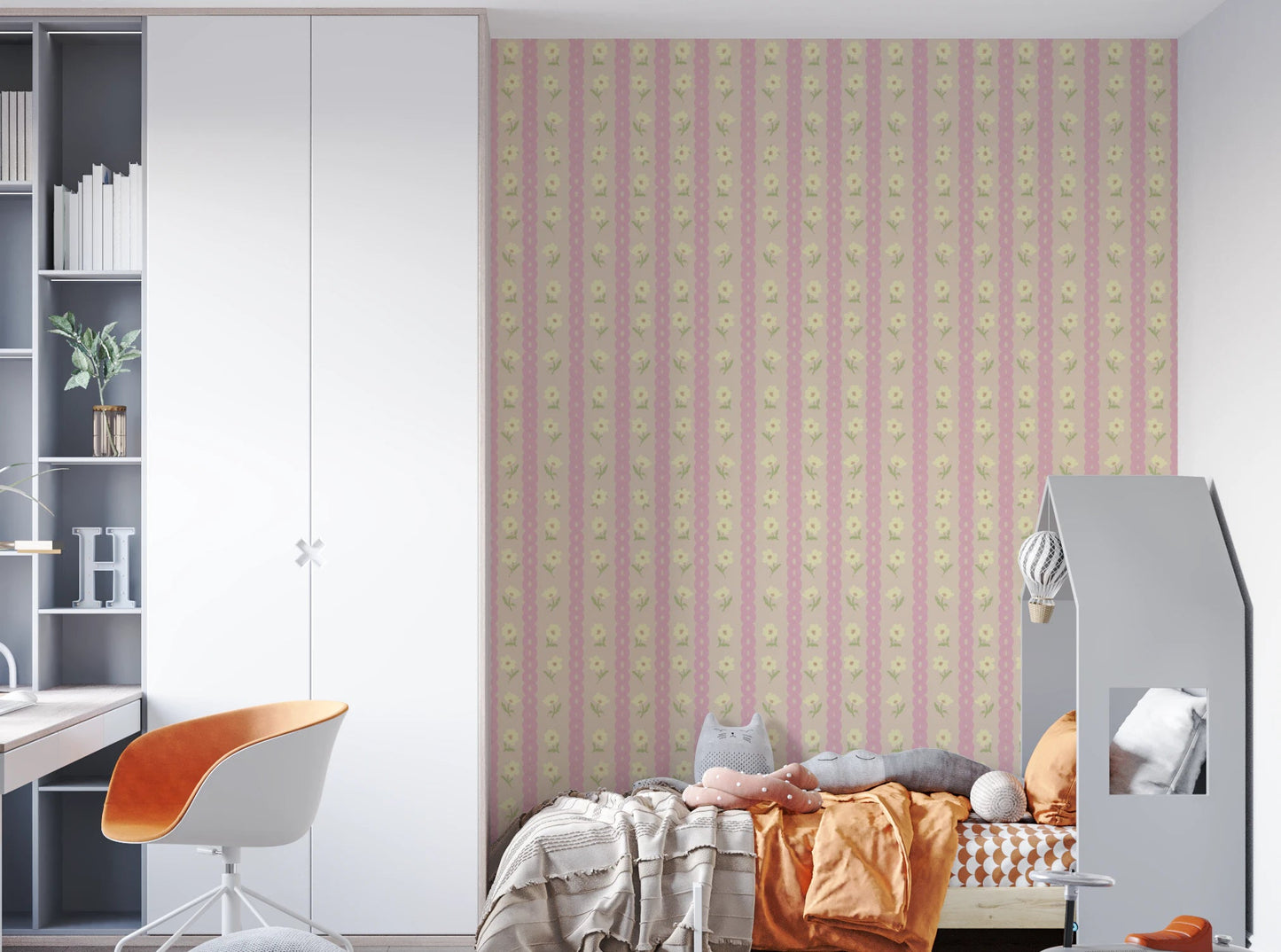Close view of Soft Bloom Stripes Wallpaper with cream flowers and blush pink rows, GD8116