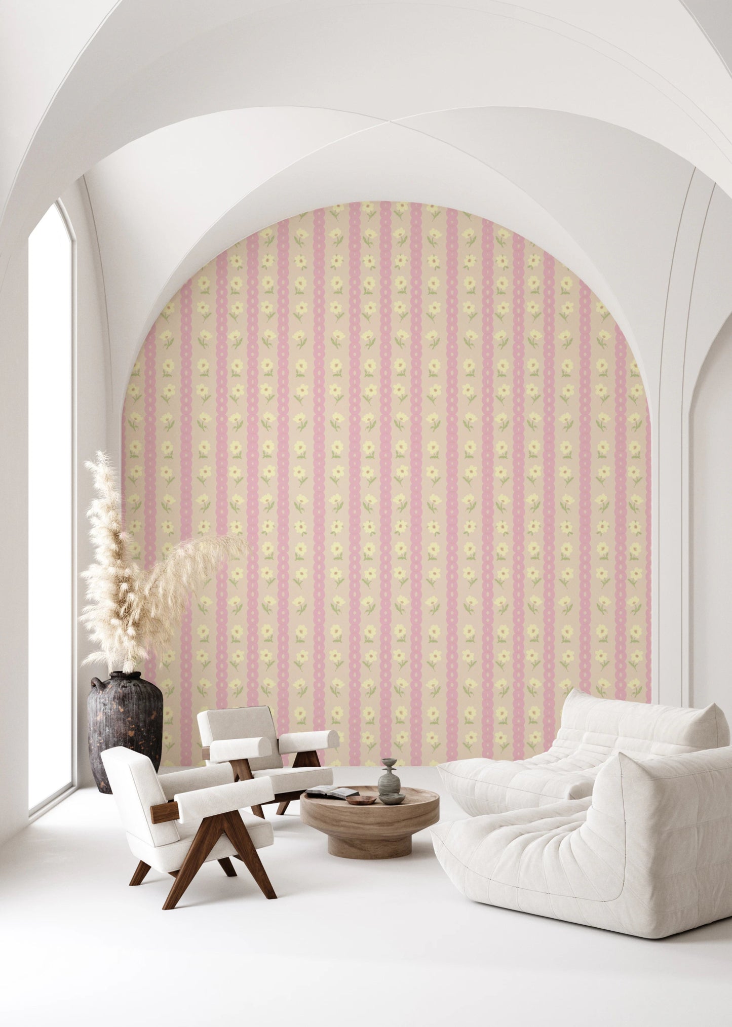 Living room corner paired with Soft Bloom Stripes Wallpaper and tidy blossom stripes, GD8116