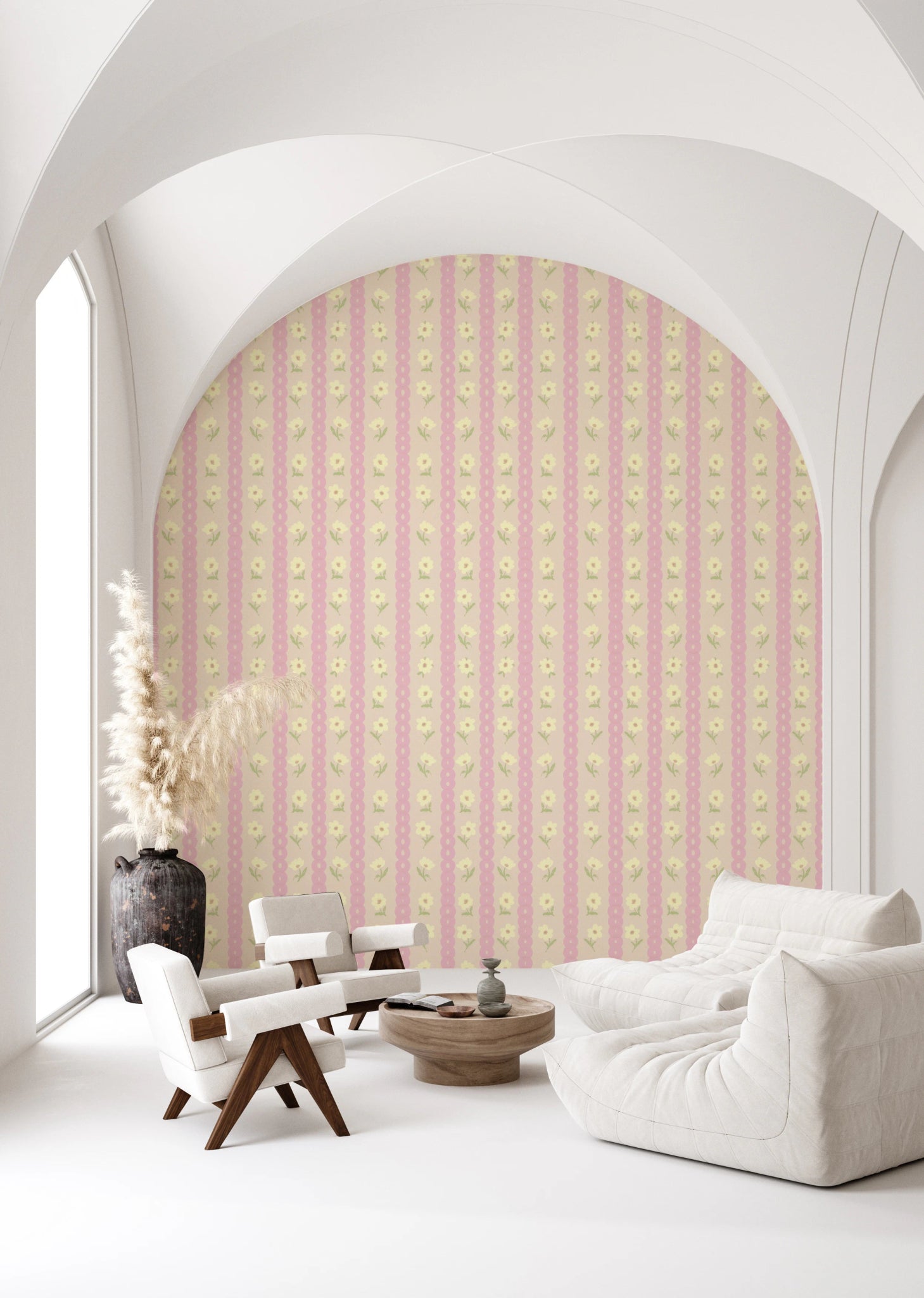 Living room corner paired with Soft Bloom Stripes Wallpaper and tidy blossom stripes, GD8116