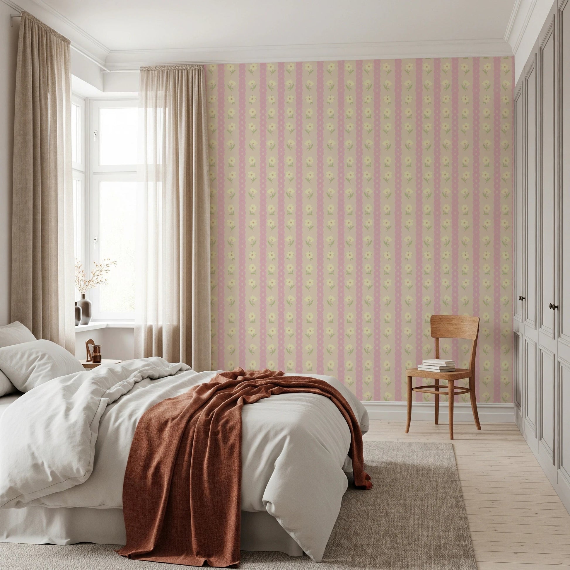 Bedroom wall styled with Soft Bloom Stripes Wallpaper and soft pink daisy stripes, GD8116