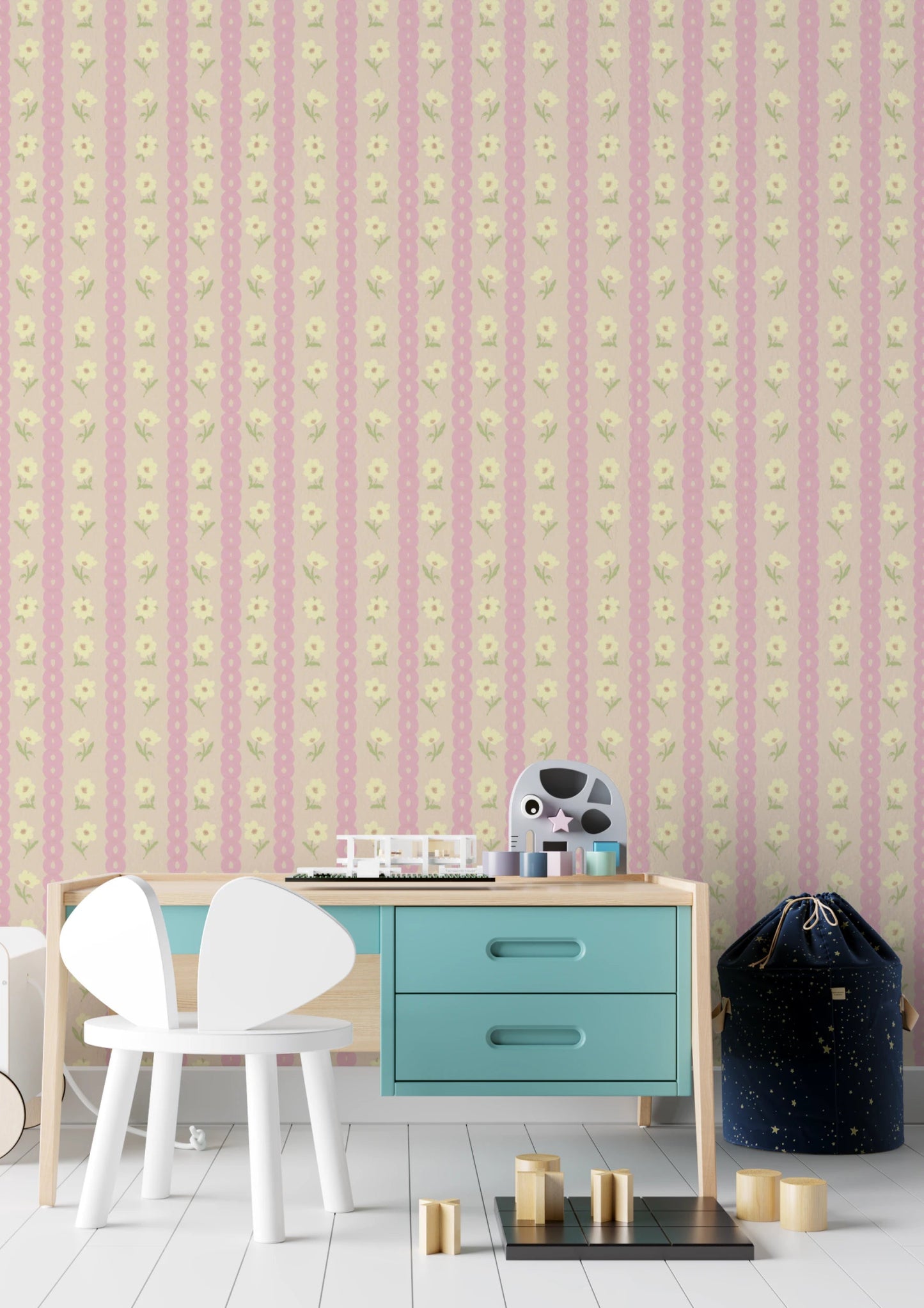 Nursery corner framed by Soft Bloom Stripes Wallpaper and soft daisy stripe repeats, GD8116